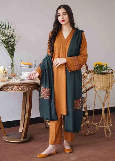 3 Piece Unstitched Embroidered Dhanak Suit With Embroidered Dhanak Shawl