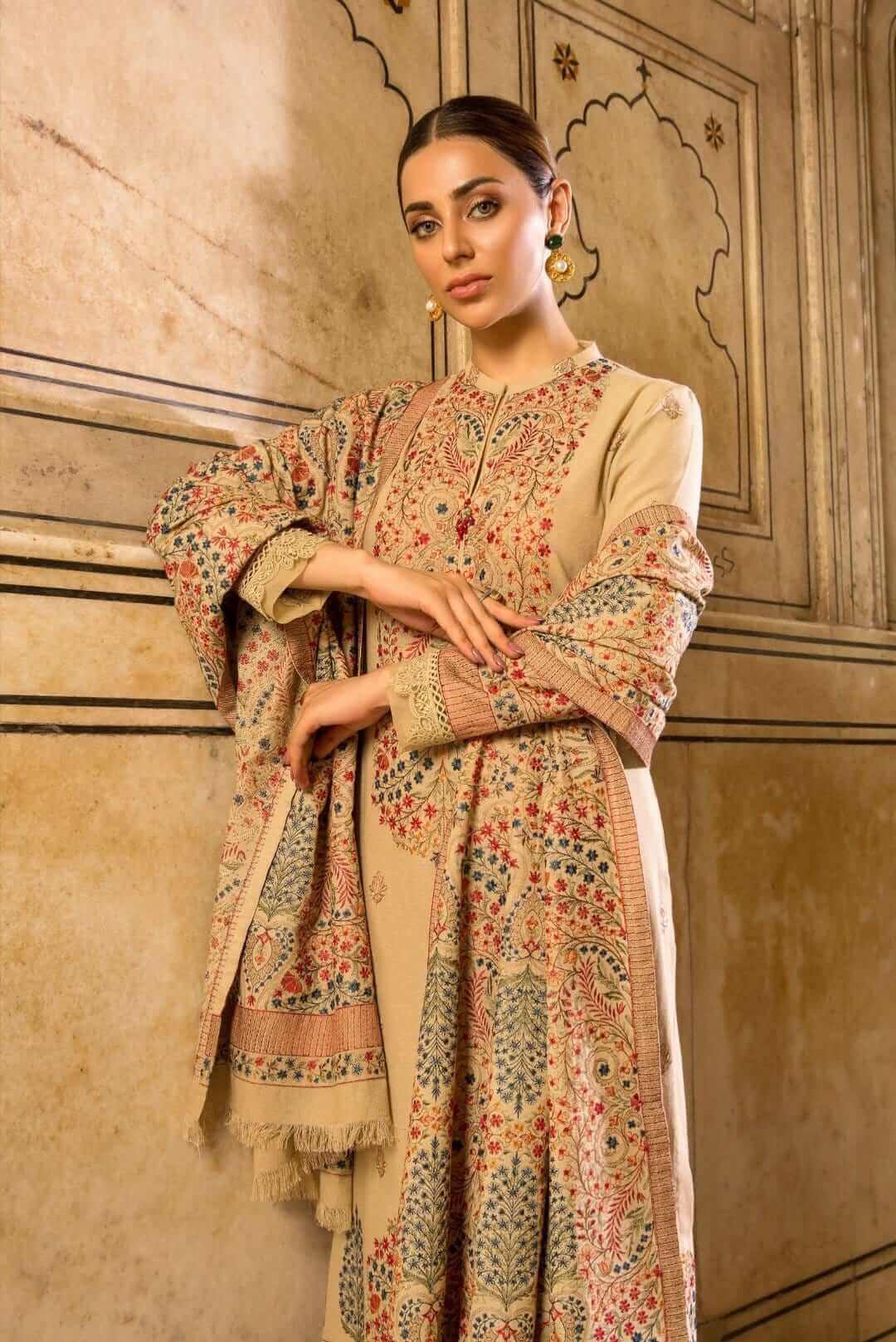 3 Piece Unstitched Heavy Embroidered Dhanak Suit With Heavy Embroidered Dhanak Shawl