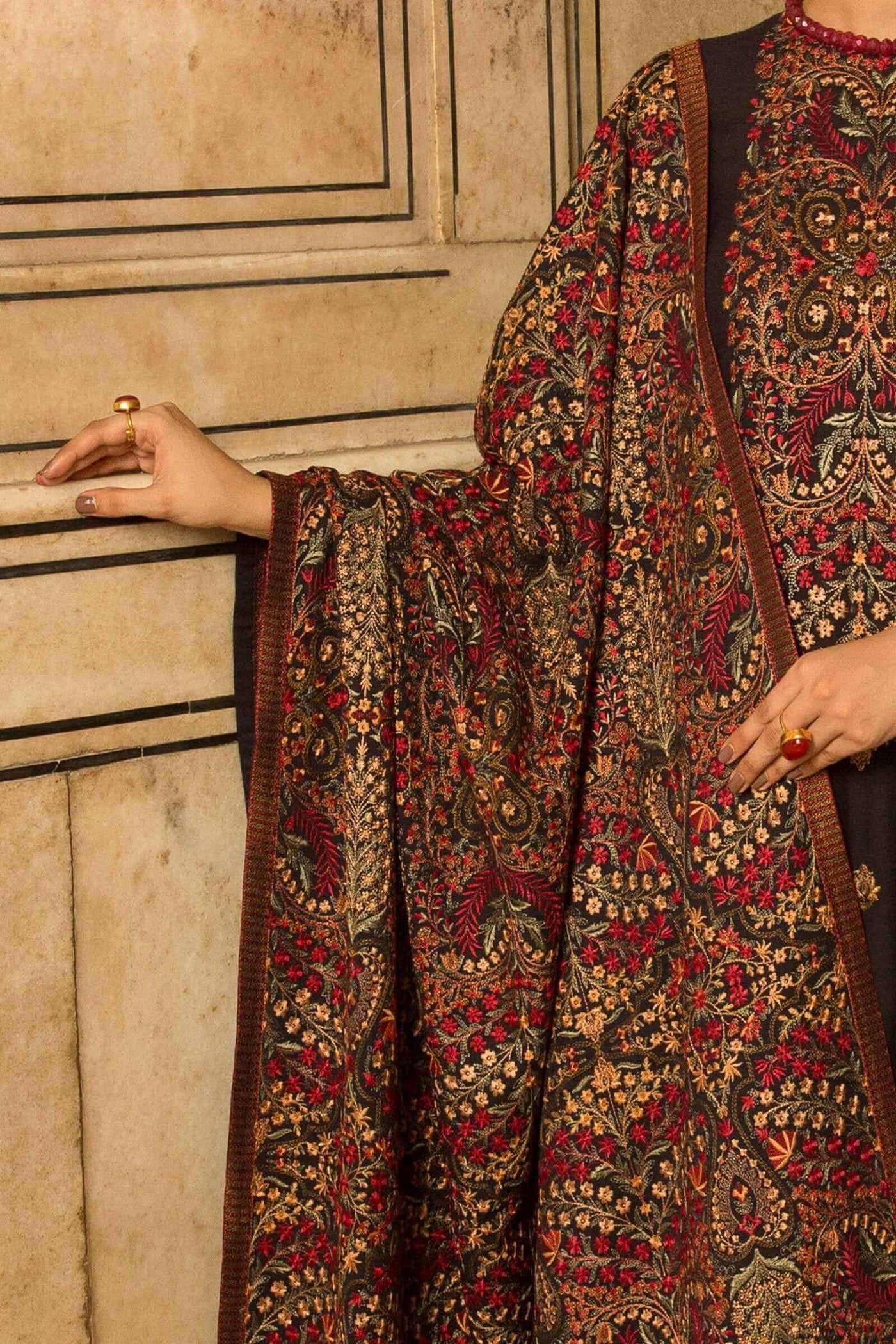 3 Piece Unstitched Heavy Embroidered Dhanak Suit With Heavy Embroidered Dhanak Shawl