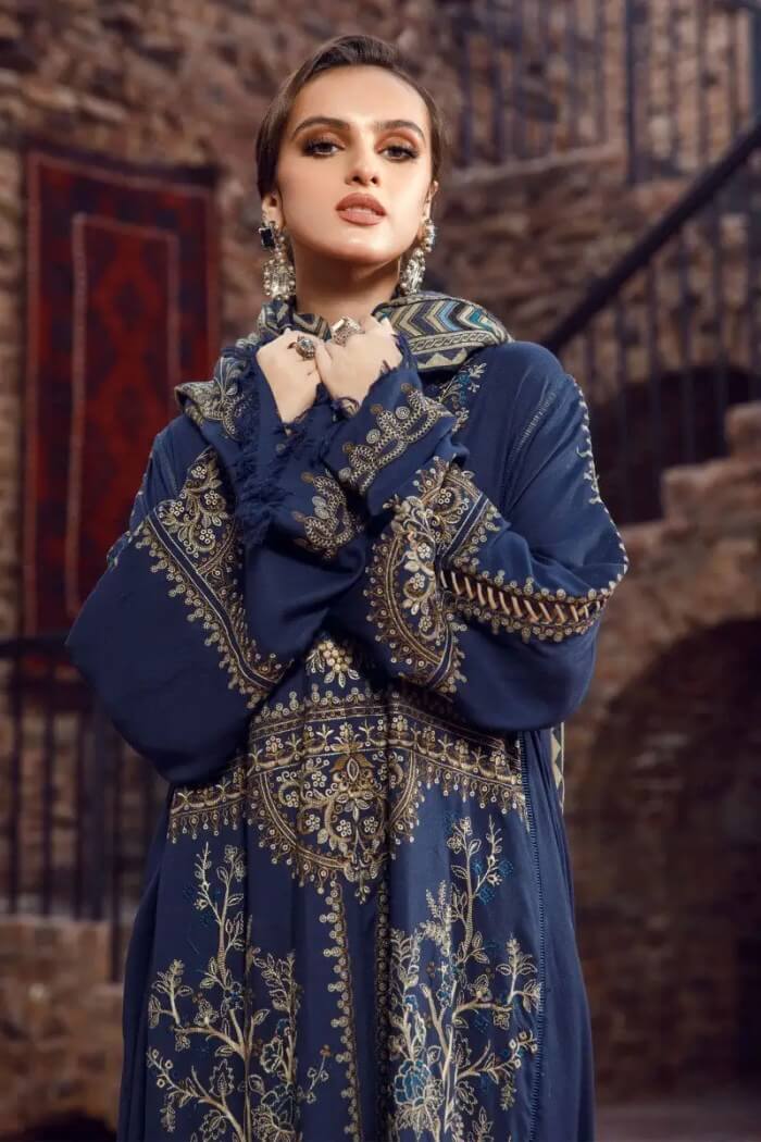 3 Piece Unstitched Heavy Embroidered Dhanak Suit With Digital Printed Woolen Shawl