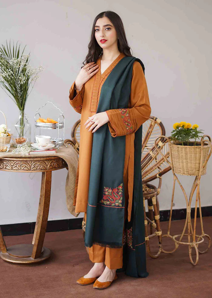 3 Piece Unstitched Embroidered Dhanak Suit With Embroidered Dhanak Shawl