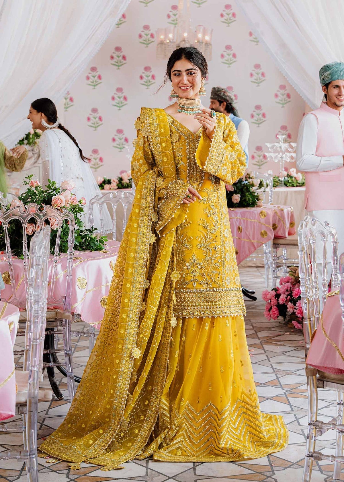 Akbar Aslam Yellow Bridal Collection Organza Gharara