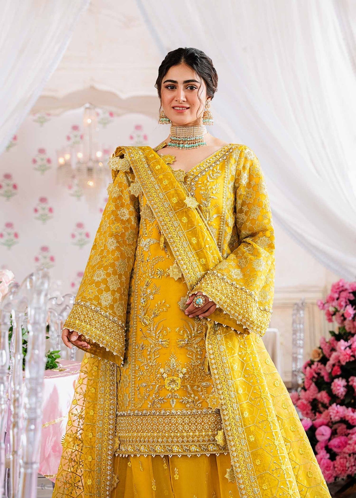 Akbar Aslam Yellow Bridal Collection Organza Gharara