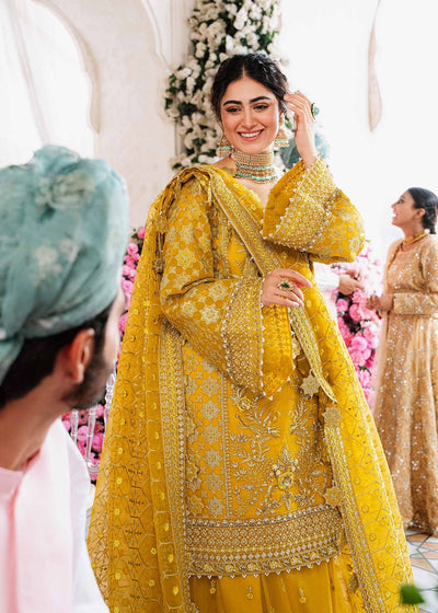 Akbar Aslam Yellow Bridal Collection Organza Gharara