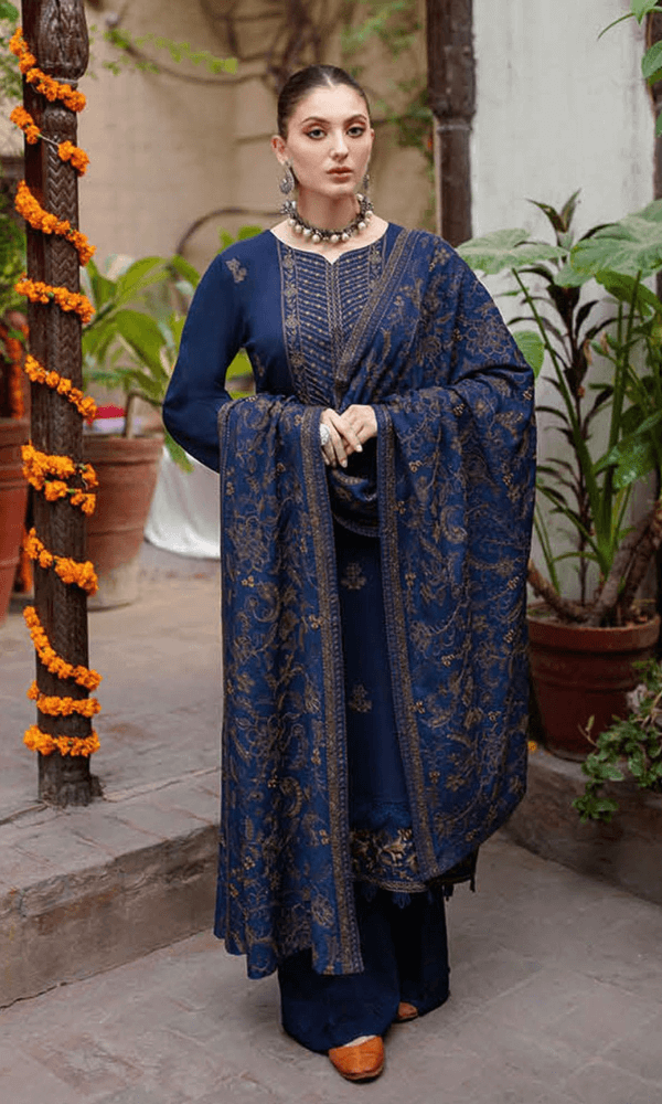 3 Piece Unstitched Heavy Embroidered Dhanak Suit With Heavy Embroidered Dhanak Shawl