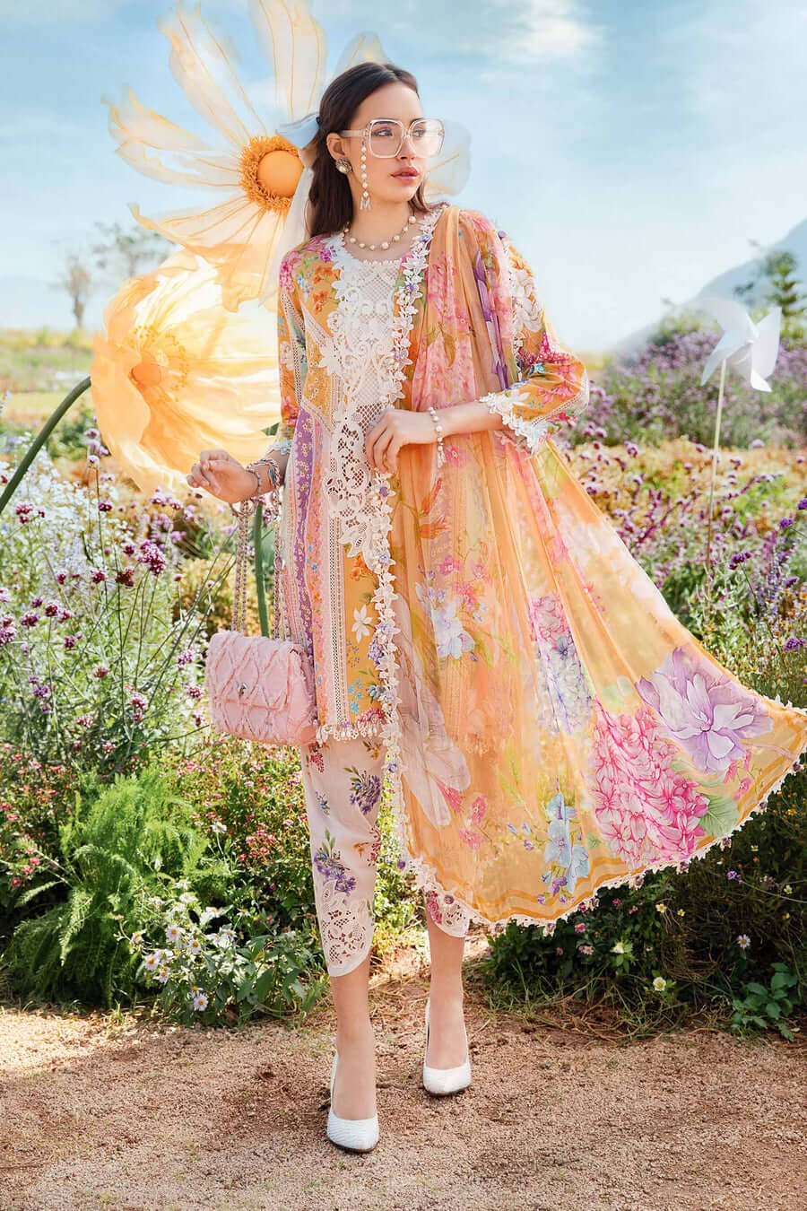 3 Piece Unstitched Embroidered Pure Lawn Suit with Printed Lawn Dupatta