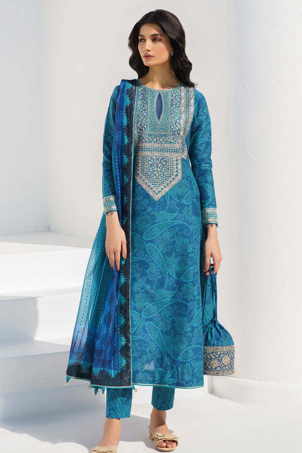 3 Piece Unstitched Embroidered Pure Lawn Suit with Printed Lawn Dupatta