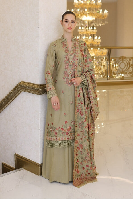 3 Piece Unstitched Heavy Embroidered Dhanak Suit with Heavy Embroidered Dhanak Shawl