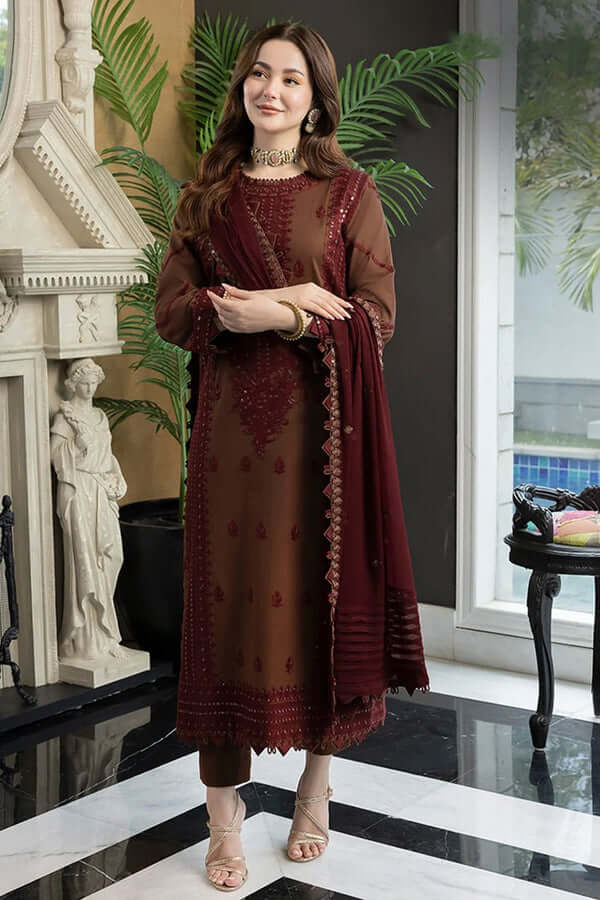 3 Piece Unstitched Heavy Embroidered Dhanak Suit with Heavy Embroidered Dhanak Shawl