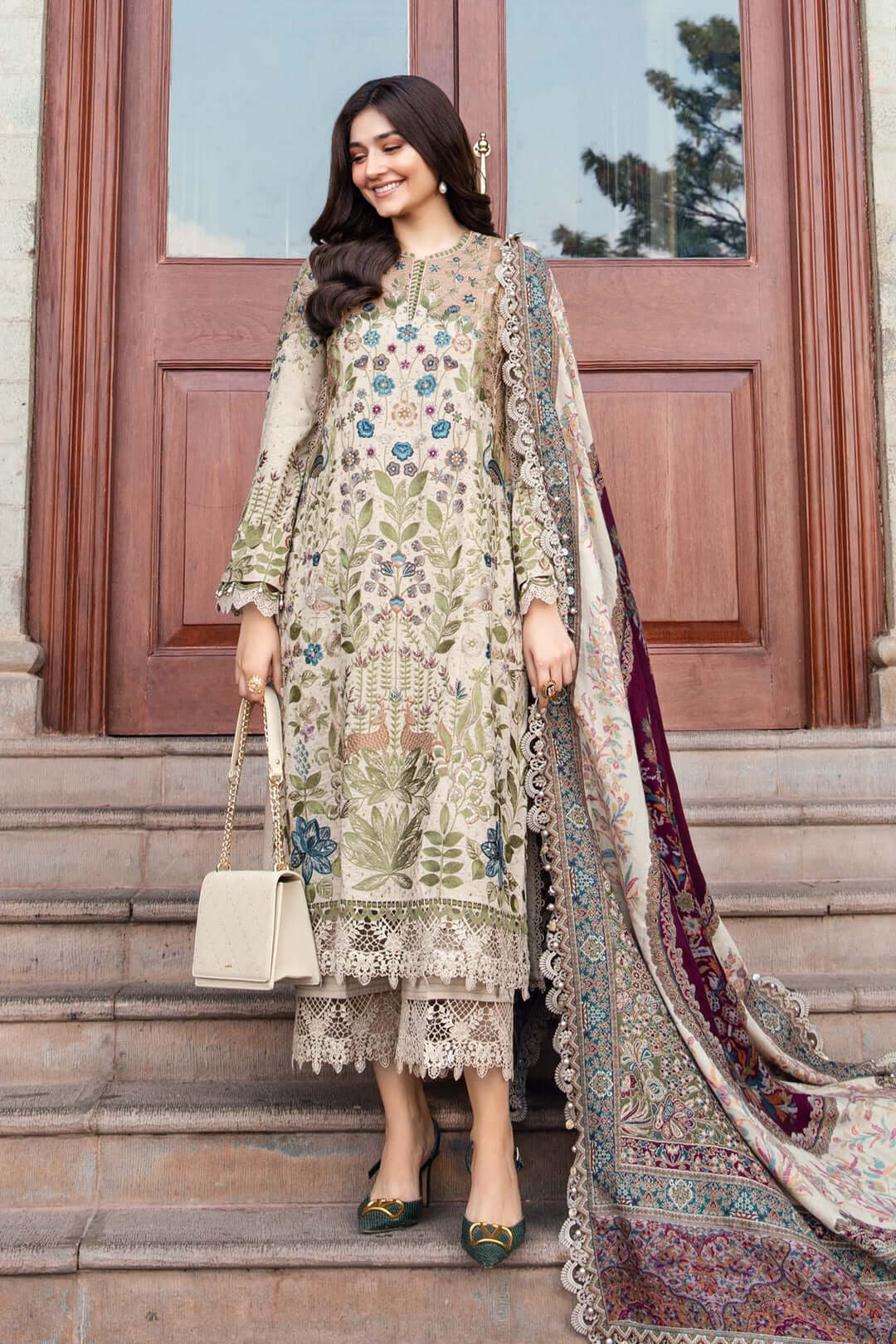 3 Piece Unstitched Heavy Embroidered Dhanak Suit with Printed Woolen Shawl